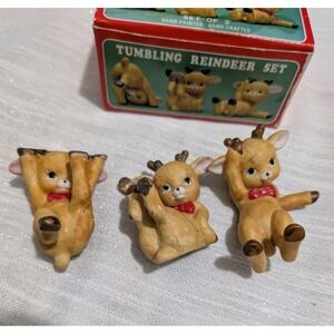 Vintage 1960s JSNY Tumbling Reindeer Set‎ of 3 Porcelain Bisque Figurines w/ Box